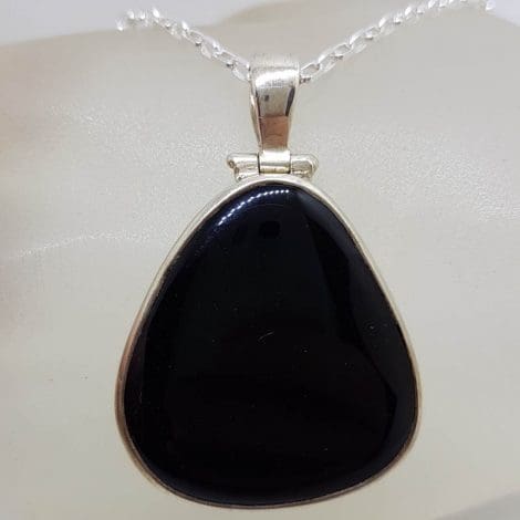 Sterling Silver Onyx Large Triangular / Teardrop / Pear Shape with Plain Rim Pendant on Silver Chain
