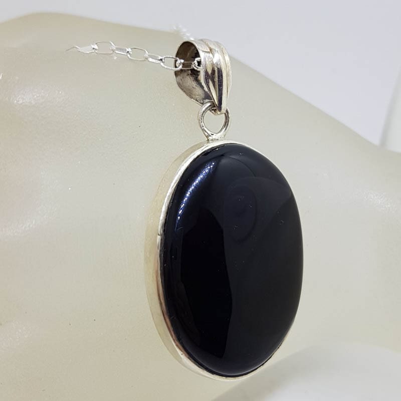Sterling Silver Onyx Large Oval Pendant on Silver Chain