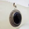 Sterling Silver Onyx Large Oval with Ornate Twist Rim Pendant on Silver Chain
