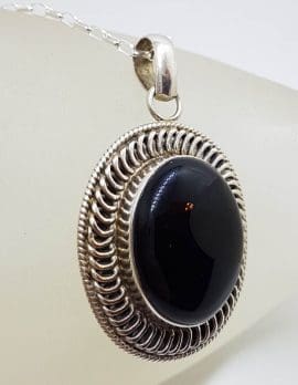 Sterling Silver Onyx Large Oval with Ornate Twist Rim Pendant on Silver Chain