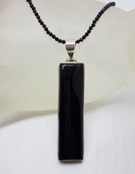 Sterling Silver Onyx Long Rectangular Stone Pendant on Onyx Bead with Silver Chain