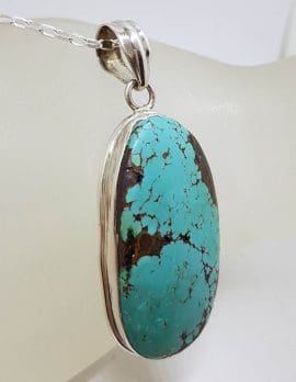 Sterling Silver Natural Turquoise Large Oval Pendant on Silver Chain