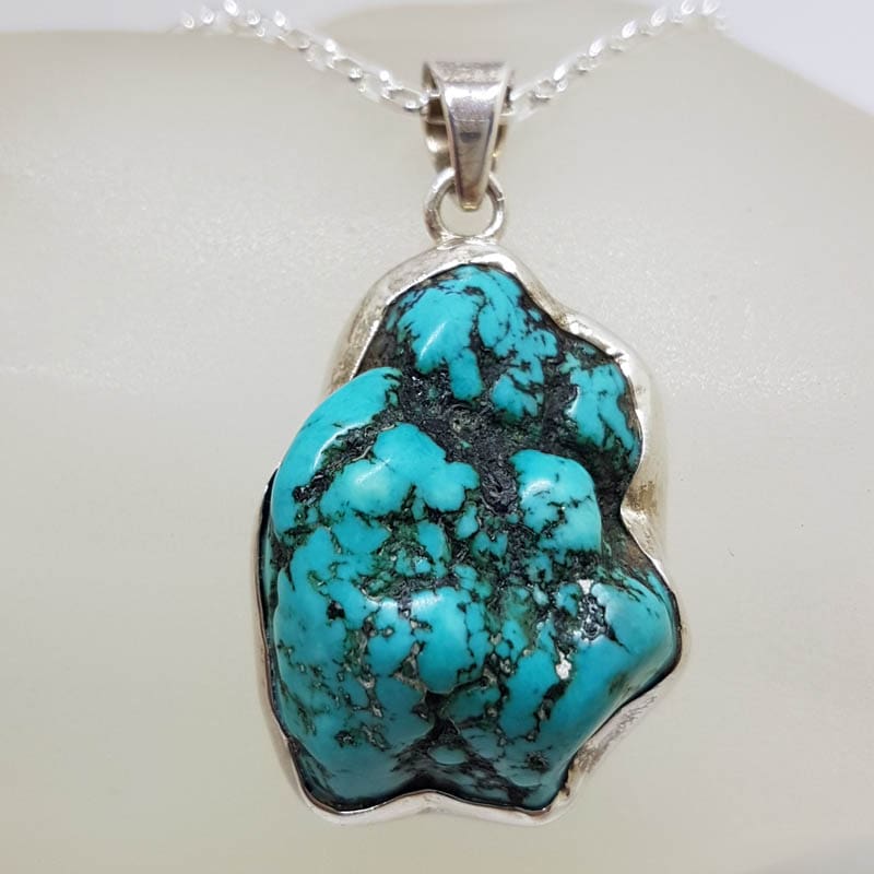 Sterling Silver Natural Turquoise Large Unusual Freeform Shape Pendant on Silver Chain