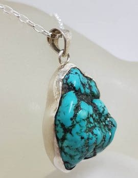 Sterling Silver Natural Turquoise Large Unusual Freeform Shape Pendant on Silver Chain