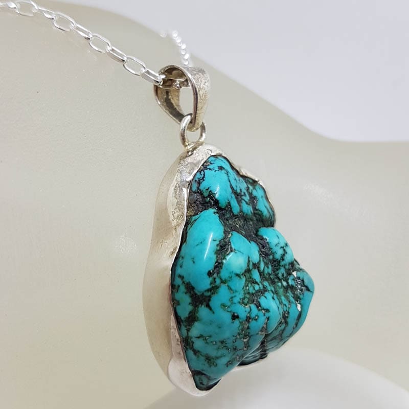 Sterling Silver Natural Turquoise Large Unusual Freeform Shape Pendant on Silver Chain
