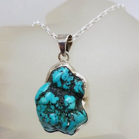 Sterling Silver Natural Turquoise Large Unusual Freeform Shape Pendant on Silver Chain
