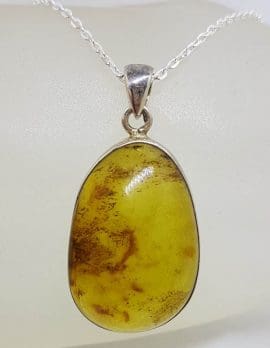 Sterling Silver Amber Large Oval Pendant on Silver Chain