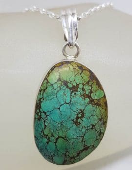 Sterling Silver Natural Turquoise Large Oval / Freeform Shape Pendant on Silver Chain