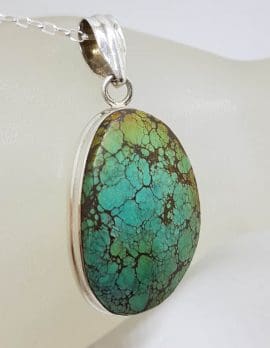 Sterling Silver Natural Turquoise Large Oval / Freeform Shape Pendant on Silver Chain