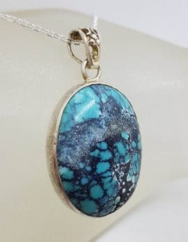 Sterling Silver Natural Turquoise Oval Pendant on Silver Chain