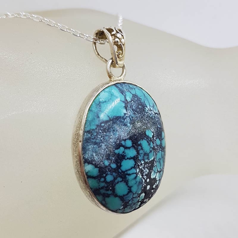 Sterling Silver Natural Turquoise Oval Pendant on Silver Chain