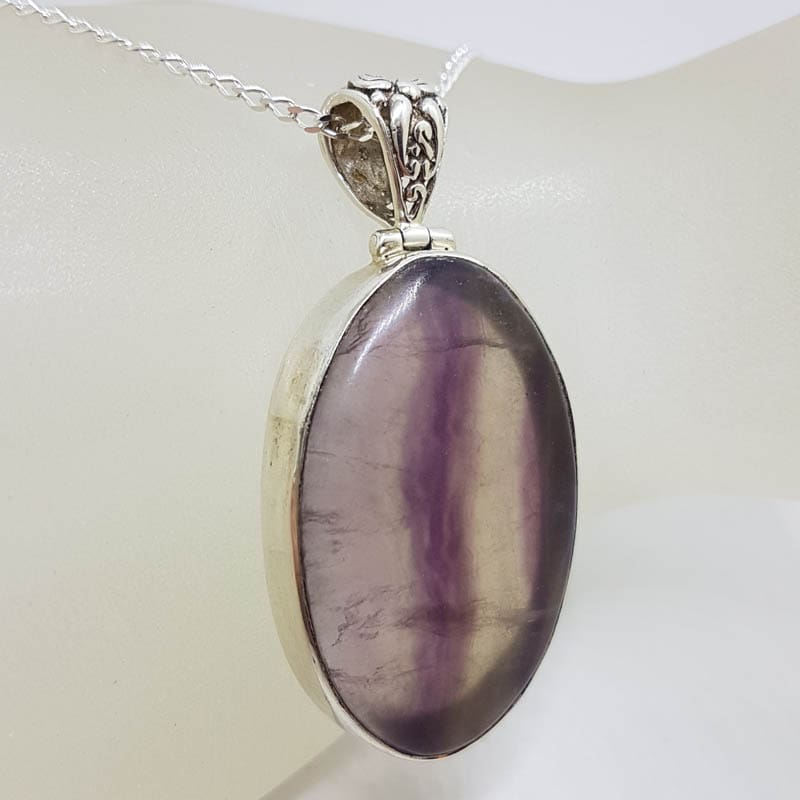 Sterling Silver Fluorite Large Oval Bezel Set Pendant on Silver Chain