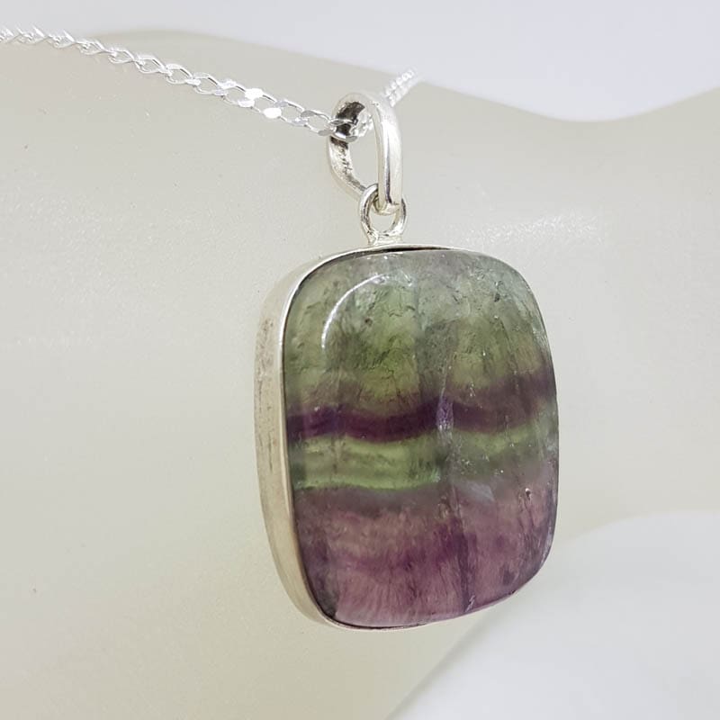 Sterling Silver Fluorite Large Square Bezel Set Pendant on Silver Chain