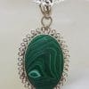 Sterling Silver Malachite Large Oval with Twist Rim Pendant on Silver Chain