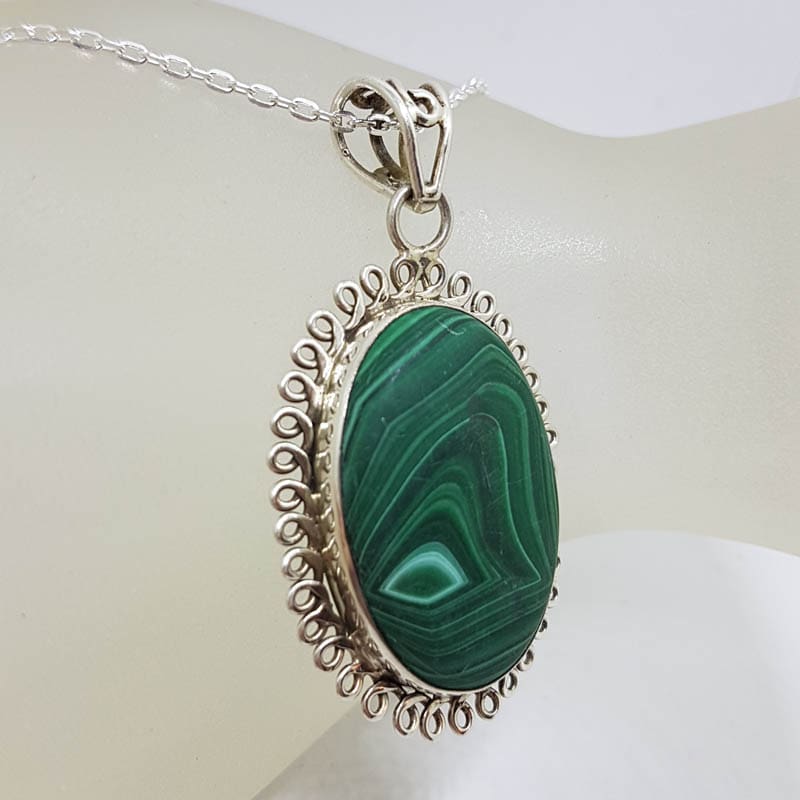 Sterling Silver Malachite Large Oval with Twist Rim Pendant on Silver Chain