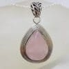Sterling Silver Rose Quartz Teardrop / Pear Shape with Wide Patterned Rim Pendant on Silver Chain