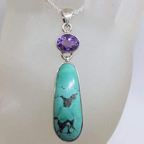 Sterling Silver Natural Turquoise with Oval Amethyst Long Drop Pendant on Silver Chain