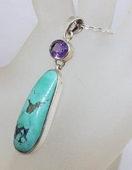 Sterling Silver Natural Turquoise with Oval Amethyst Long Drop Pendant on Silver Chain