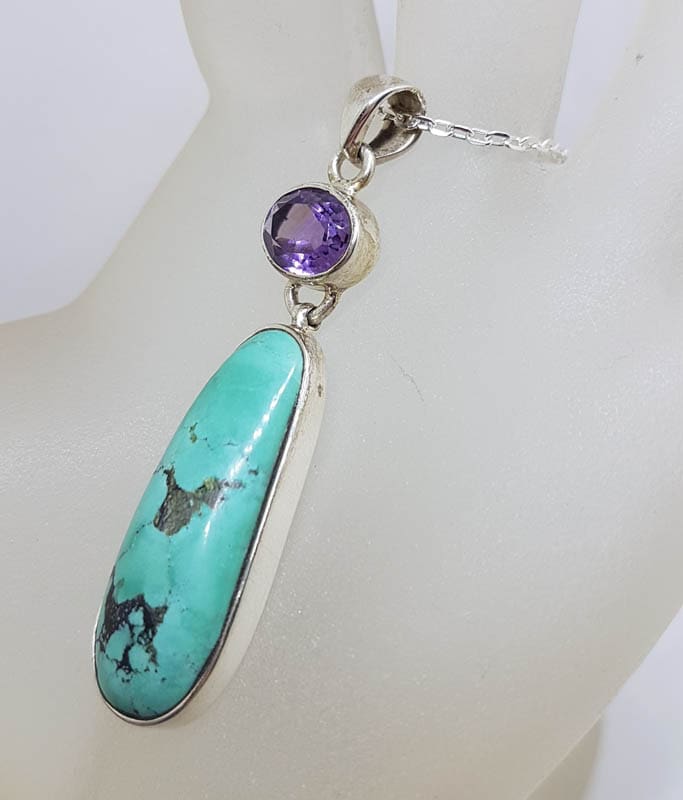 Sterling Silver Natural Turquoise with Oval Amethyst Long Drop Pendant on Silver Chain