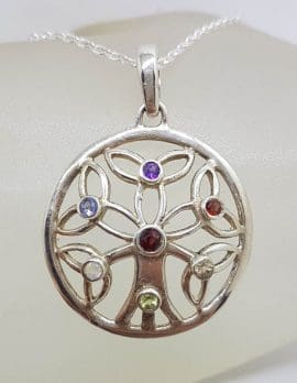 Sterling Silver Multi-Colour Gemstones Large Chakra Round Celtic Cluster Pendant on Silver Chain