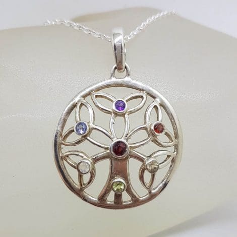 Sterling Silver Multi-Colour Gemstones Large Chakra Round Celtic Cluster Pendant on Silver Chain