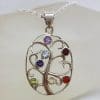 Sterling Silver Multi-Colour Gemstones Large Chakra Ornate Oval Pendant on Silver Chain