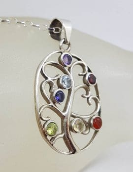 Sterling Silver Multi-Colour Gemstones Large Chakra Ornate Oval Pendant on Silver Chain