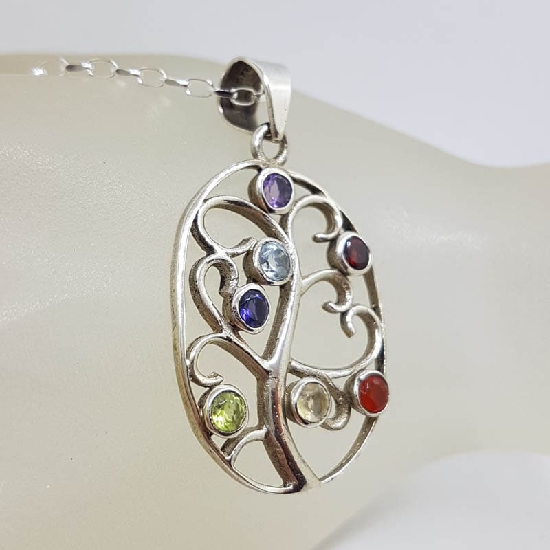 Sterling Silver Multi-Colour Gemstones Large Chakra Ornate Oval Pendant on Silver Chain