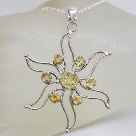 Sterling Silver Citrine Cluster Large Sun / Flower Pendant on Silver Chain