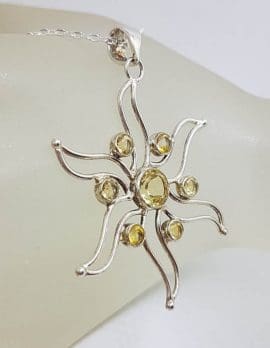 Sterling Silver Citrine Cluster Large Sun / Flower Pendant on Silver Chain