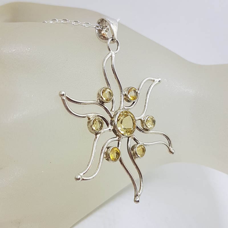Sterling Silver Citrine Cluster Large Sun / Flower Pendant on Silver Chain