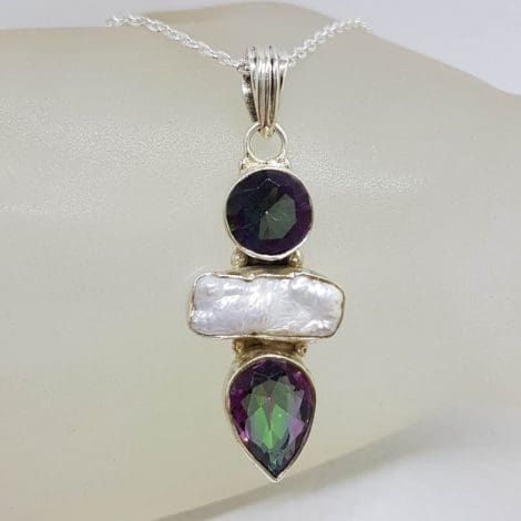 Sterling Silver Mystic Quartz / Mystic Topaz with Blister Pearl Pendant on Silver Chain