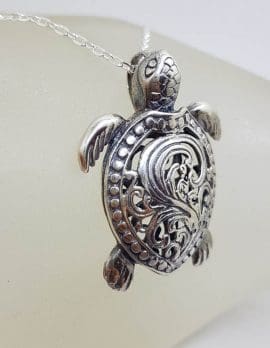 Sterling Silver Ornate Filigree Turtle / Tortoise Pendant on Silver Chain