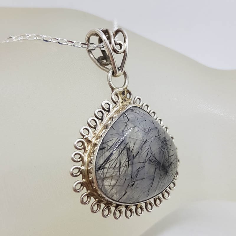 Sterling Silver Tourmalinated / Tourmaline Quartz Large Teardrop / Pear Shape Ornate Twist Pendant on Silver Chain Sterling Silver Tourmalinated / Tourmaline Quartz Large Teardrop / Pear Shape Ornate Twist Pendant on Silver Chain