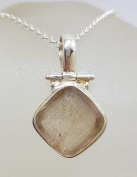 Sterling Silver Rutilated Quartz Square Hinged Pendant on Silver Chain