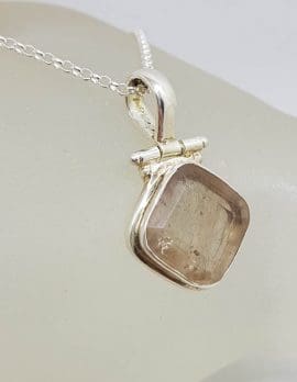 Sterling Silver Rutilated Quartz Square Hinged Pendant on Silver Chain