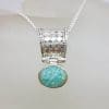 Sterling Silver Amazonite Oval with Ornate Design Top Pendant on Silver Chain