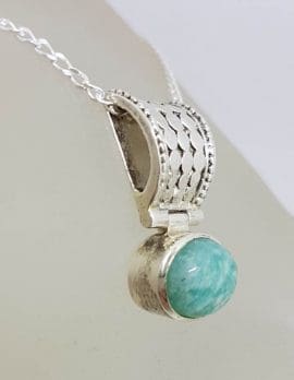 Sterling Silver Amazonite Oval with Ornate Design Top Pendant on Silver Chain