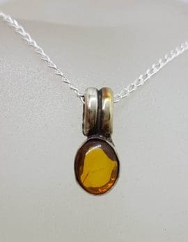 Sterling Silver Dainty Oval Amber Pendant on Silver Chain