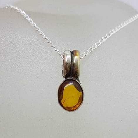 Sterling Silver Dainty Oval Amber Pendant on Silver Chain
