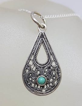 Sterling Silver Turquoise Ornate Teardrop / Pear Shape Pendant on Silver Chain