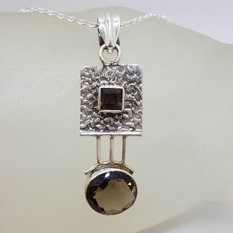 Sterling Silver Smokey Quartz Oval Drop on Square Pendant on Silver Chain