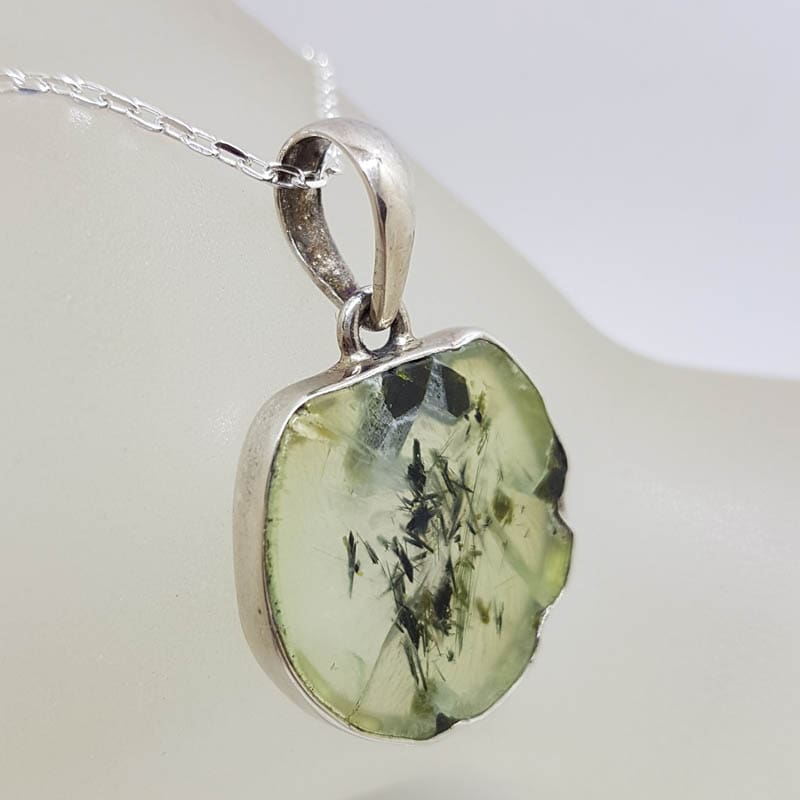 Sterling Silver Prehnite Slice Round Pendant on Silver Chain Sterling Silver Prehnite Slice Round Pendant on Silver Chain