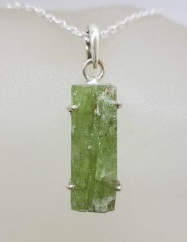 Sterling Silver Green Tourmaline in Rough Natural Form Rectangular Pendant on Silver Chain