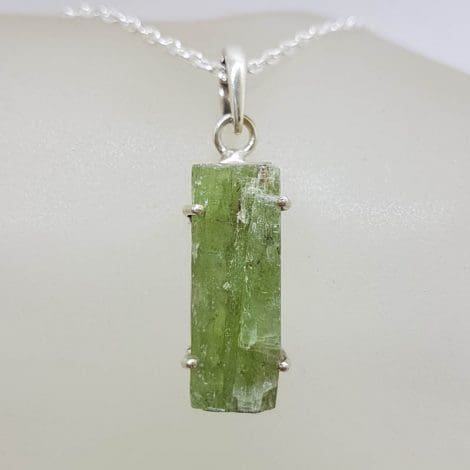 Sterling Silver Green Tourmaline in Rough Natural Form Rectangular Pendant on Silver Chain