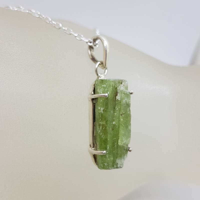 Sterling Silver Green Tourmaline in Rough Natural Form Rectangular Pendant on Silver Chain