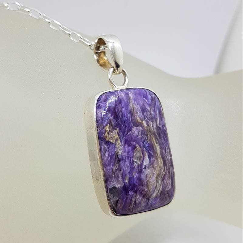Sterling Silver Charoite Rectangular Bezel Set Pendant on Silver Chain
