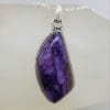 Sterling Silver Charoite Unusual Shape with Patterned Rim Pendant on Silver Chain