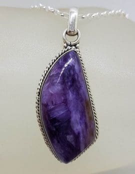 Sterling Silver Charoite Unusual Shape with Patterned Rim Pendant on Silver Chain