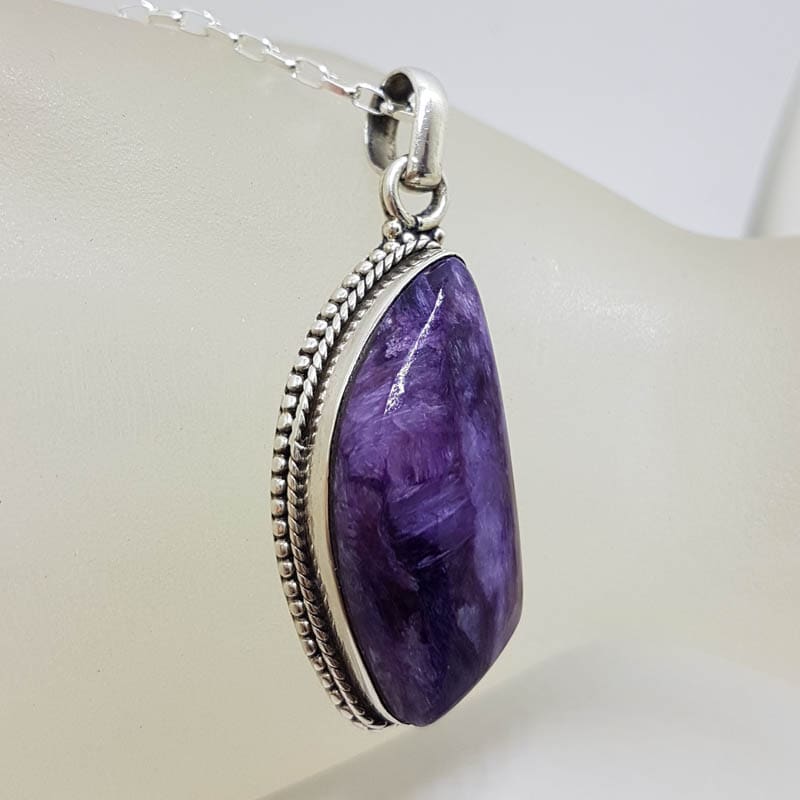 Sterling Silver Charoite Unusual Shape with Patterned Rim Pendant on Silver Chain